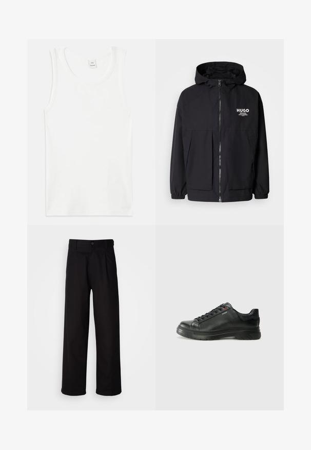 Jachetă neagră cu glugă, având un fermoar complet pe față, manșete elastice și două buzunare frontale. Logo imprimat pe partea stângă a pieptului. Textură netedă.; Top din bumbac alb, cu gât rotund și fără mâneci. Textură netedă și croială dreaptă, fără modele sau broderii.; Pantaloni negri dintr-un material neted, cu un design drept, pliuri frontale și închidere cu un singur nasture la talie.; Sneaker din piele neagră cu un superior texturat, guler căptușit și detalii cu logo roșu. Are o talpă groasă din cauciuc cu un model de bandă distinct.
