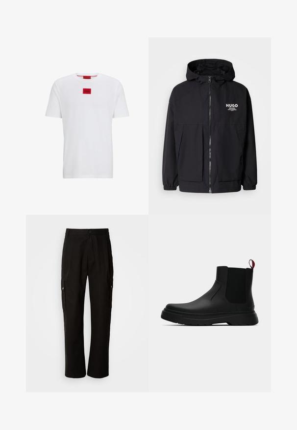 Chaqueta negra con capucha que presenta un cierre frontal completo, puños elásticos y dos bolsillos frontales. Logo impreso en el lado izquierdo del pecho. Textura suave.; Camiseta de algodón blanca de manga corta, con un parche de logo cuadrado rojo en el centro y un cuello redondo.; Pantalones cargo negros de algodón con un corte relajado, que cuentan con bolsillos laterales, cierre de botón y perneras rectas. Diseño simple sin patrones.; Botín negro con un acabado liso, paneles laterales elásticos y una lengüeta de tirón roja contrastante, que presenta una suela de goma gruesa y punta redondeada.