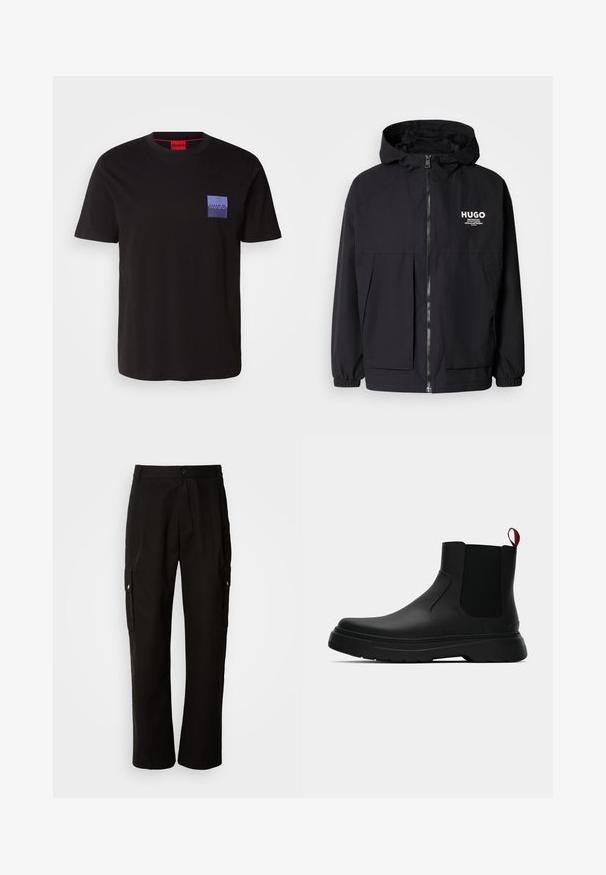 Melnā kapuce jaka ar pilnu priekšējo rāvējslēdzēju, elastīgām piedurknēm un divām priekšējām kabatām. Izdrukāts logo kreisajā krūtī. Gluda tekstūra.; Melna kokvilnas t-kreklu ar īsām piedurknēm. Tam ir purpursarkans kvadrāta logotips kreisajā krūtīs un sarkans uzlīme pie kakla.; Melnas kokvilnas kravas bikses ar brīvu piegriezumu, ar sānu kabatām, pogu aizdari un taisnām kājām. Vienkāršs dizains bez rakstiem.; Melnas potītes ar gludu apdari, elastīgiem sānu paneļiem un kontrastējošu sarkano cilpu, aprīkotas ar biezu gumijas zoli un noapaļotu purngalu.