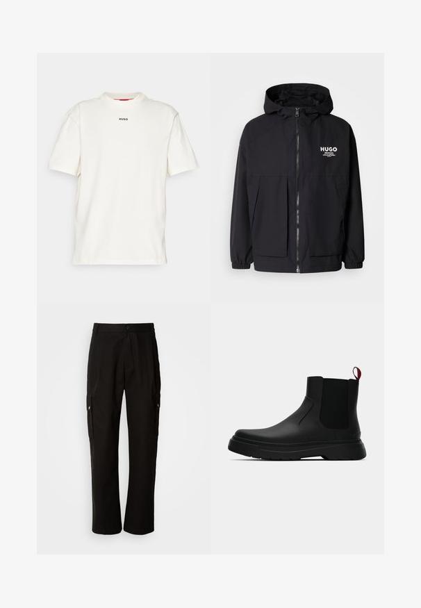 Jachetă neagră cu glugă, având un fermoar complet pe față, manșete elastice și două buzunare frontale. Logo imprimat pe partea stângă a pieptului. Textură netedă.; HUGO DAPOLINO - Tricou basic - open white; Pantaloni cargo negri din bumbac, cu o croială lejeră, având buzunare laterale, închidere cu nasture și picioare drepte. Design simplu, fără modele.; Botine negre până la gleznă, cu un finisaj neted, panouri laterale elastice și un tab de prindere roșu contrastant, având o talpă groasă din cauciuc și vârf rotunjit.