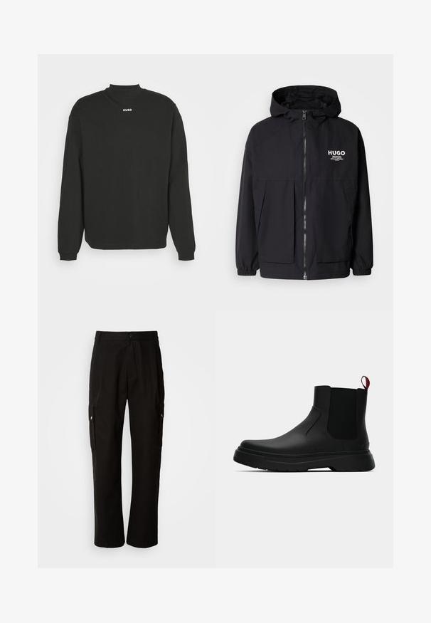 Svart hettegenser med full frontglidelås, elastiske mansjetter og doble frontlommer. Trykt logo på venstre bryst. Glatt tekstur.; Svart langermet sweatshirt laget av bomull, med høy hals og ordet "HUGO" i hvit tekst på brystet.; Svart cargobukse laget av bomull med avslappet passform, med sidelommer, knappeåpning og rette ben. Enkelt design uten mønstre.; Sorte ankelstøvler med en glat overflade, elastiske sidepaneler og en kontrastfyldt rød trækflik, med en tykk gummisål og rund tå.