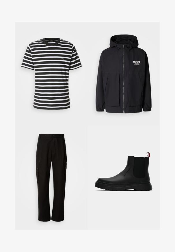Jachetă neagră cu glugă, având un fermoar complet pe față, manșete elastice și două buzunare frontale. Logo imprimat pe partea stângă a pieptului. Textură netedă.; Tricou cu dungi alb-negru, cu gât rotund, mâneci scurte și un mic logo brodat "MN" pe față. Fabricat dintr-un material moale din bumbac.; Pantaloni cargo negri din bumbac, cu o croială lejeră, având buzunare laterale, închidere cu nasture și picioare drepte. Design simplu, fără modele.; Botine negre până la gleznă, cu un finisaj neted, panouri laterale elastice și un tab de prindere roșu contrastant, având o talpă groasă din cauciuc și vârf rotunjit.