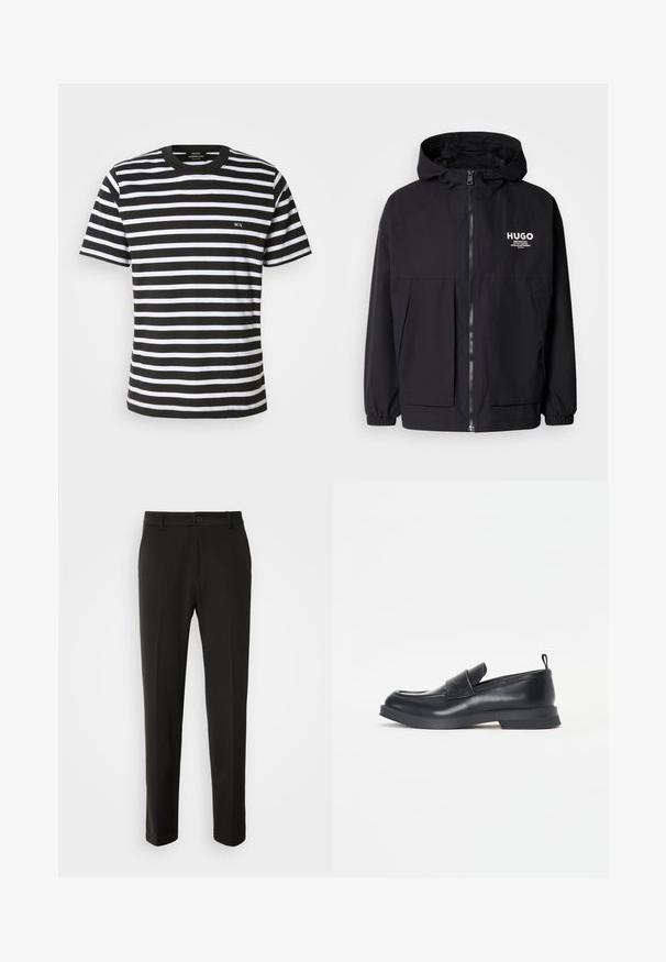 Melnā kapuce jaka ar pilnu priekšējo rāvējslēdzēju, elastīgām piedurknēm un divām priekšējām kabatām. Izdrukāts logo kreisajā krūtī. Gluda tekstūra.; Melnbalts svītrains T-krekls ar apaļu kakla izgriezumu, īsām piedurknēm un mazu izsistītu "MN" uz priekšpuses. Izgatavots no mīksta kokvilnas auduma.; Melnas bikses no gludas auduma ar taisnām kājām, pogu aizdari un klasisku dizainu, kas piemērots gan formālai, gan ikdienišķai valkāšanai.; Melnas ādas loafers kurpes ar noapaļotu purngalu, priekšējo siksnu detaļu un zemu gumijas zoli. Iekļauj diskrētu šuvēm un aizmugurējo cilpu.
