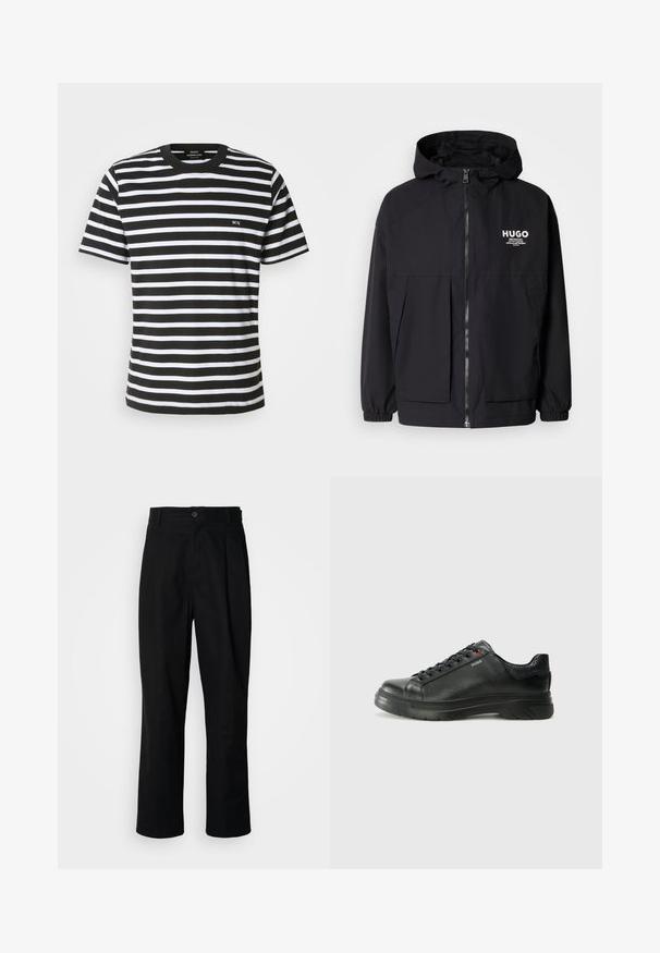 Čierna kapucňová bunda s plným predným zipsom, elastickými manžetami a dvojitými prednými vreckami. Tlačené logo na ľavej hrudi. Hladký povrch.; čierno-biela pruhovaná tričko s klasickým výstrihom, krátkymi rukávmi a malým vyšitým "MN" na prednej strane. Vyrobené z jemnej bavlny.; Čierne nohavice s rovnými nohavicami, s gombíkovým pásom, pútkami na opasok a predným záhybom, vystavené na jednoduchej bielej pozadí.; Čierna kožená teniska s textúrovaným vrchom, polstrovaným golierom a červeným logom. Obsahuje hrubú gumovú podrážku s výrazným vzorom.