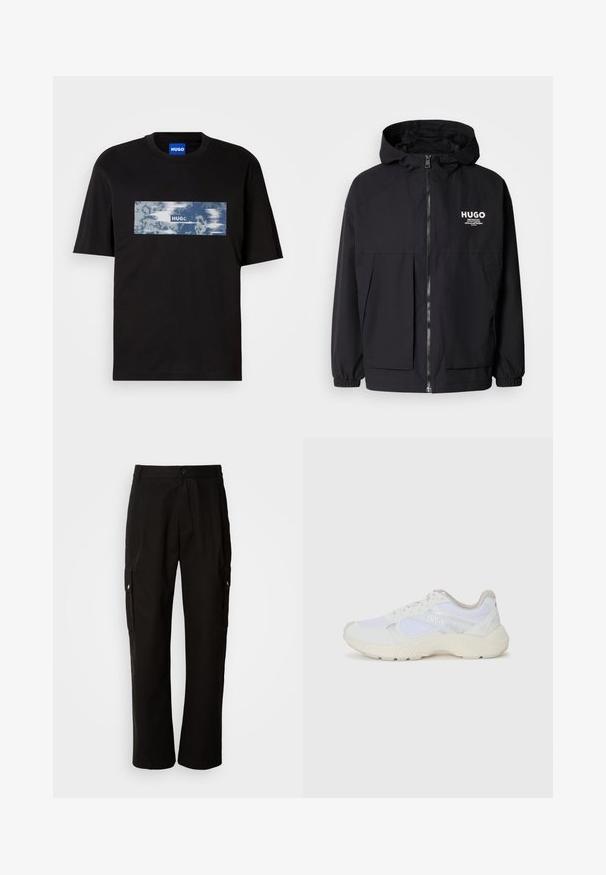 Črna kapuca jakna z full front zadrgo, elastičnimi manšetami in dvema sprednjima žepoma. Natisnjena logo na levi prsni strani. Gladka tekstura.; Črna kratkotrajna majica s kratkimi rokavi z modro in belo pravokotno grafiko ter besedilom "HUGO" na prsih, ter modro oznako znotraj ovratnika.; Črne cargo hlače iz bombaža z sproščenim krojem, opremljene s stranskimi žepi, gumbom za zapiranje in ravnimi nogami. Preprost dizajn brez vzorcev.; Bela športna obuvala iz mrežastega in semiš materiala, z teksturiranim podplatom, teksturiranimi dodatki in logotipom "HUGO" na strani.