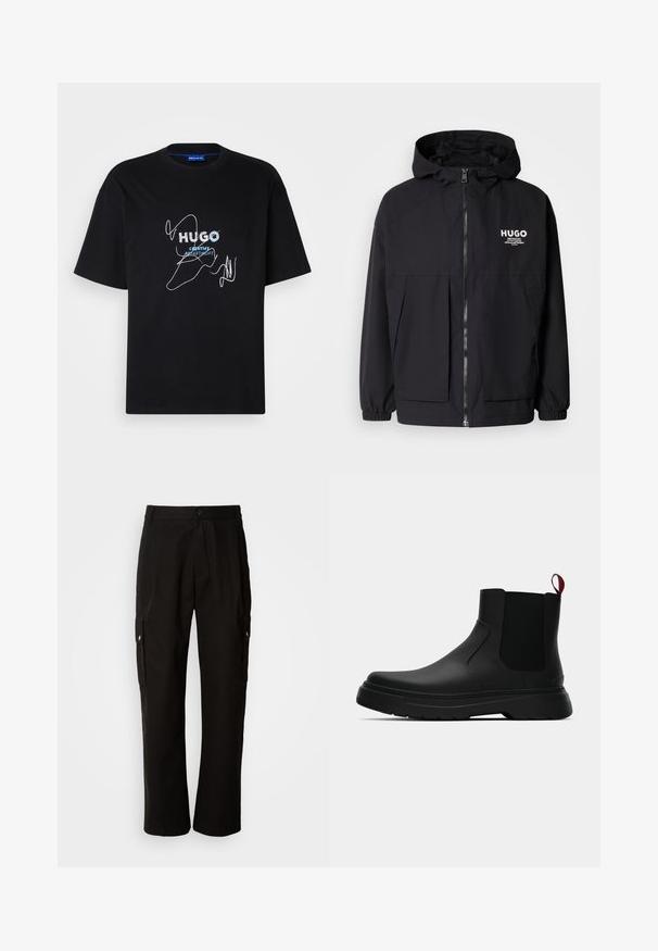 Melnā kapuce jaka ar pilnu priekšējo rāvējslēdzēju, elastīgām piedurknēm un divām priekšējām kabatām. Izdrukāts logo kreisajā krūtī. Gluda tekstūra.; Melna kokvilnas T-krekls ar baltu izšūtu kontūru dizainu un tekstu "HUGO Creative Department" zilā krāsā. Īsas piedurknes un apaļa kakla izgriezums.; Melnas kokvilnas kravas bikses ar brīvu piegriezumu, ar sānu kabatām, pogu aizdari un taisnām kājām. Vienkāršs dizains bez rakstiem.; Melnas potītes ar gludu apdari, elastīgiem sānu paneļiem un kontrastējošu sarkano cilpu, aprīkotas ar biezu gumijas zoli un noapaļotu purngalu.