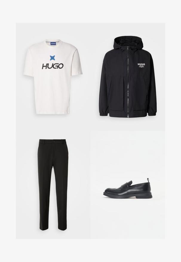 Melnā kapuce jaka ar pilnu priekšējo rāvējslēdzēju, elastīgām piedurknēm un divām priekšējām kabatām. Izdrukāts logo kreisajā krūtī. Gluda tekstūra.; Balts kokvilnas T-krekls ar zilu zvaigznes logotipu virs vārda "HUGO" treknā melnā burtu izdrukā. Apaļa kakla izgriezne, īsas piedurknes.; Melnas bikses no gludas auduma ar taisnām kājām, pogu aizdari un klasisku dizainu, kas piemērots gan formālai, gan ikdienišķai valkāšanai.; Melnas ādas loafers kurpes ar noapaļotu purngalu, priekšējo siksnu detaļu un zemu gumijas zoli. Iekļauj diskrētu šuvēm un aizmugurējo cilpu.