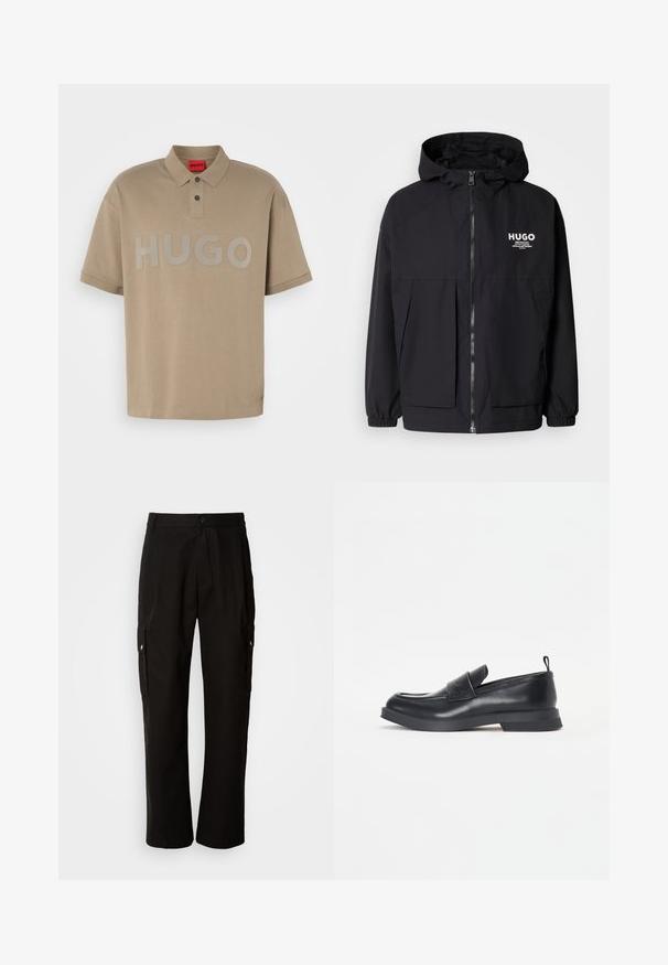 Černá kapucňová bunda s plným předním zipem, elastickými manžetami a dvojitými předními kapsami. Tištěné logo na levém prsu. Hladká textura.; Béžové polo tričko s límečkem, krátkými rukávy a velkým šedým logem "HUGO" na přední straně. Obsahuje dvoubarevný zapínací límec.; Černé cargo kalhoty vyrobené z bavlny s uvolněným střihem, vybavené bočními kapsami, zapínáním na knoflík a rovnými nohavicemi. Jednoduchý design bez vzorů.; Černé kožené mokasíny s kulatou špičkou, detailním páskem vpředu a nízkou gumovou podrážkou. Obsahují jemné prošívání a zadní poutko.