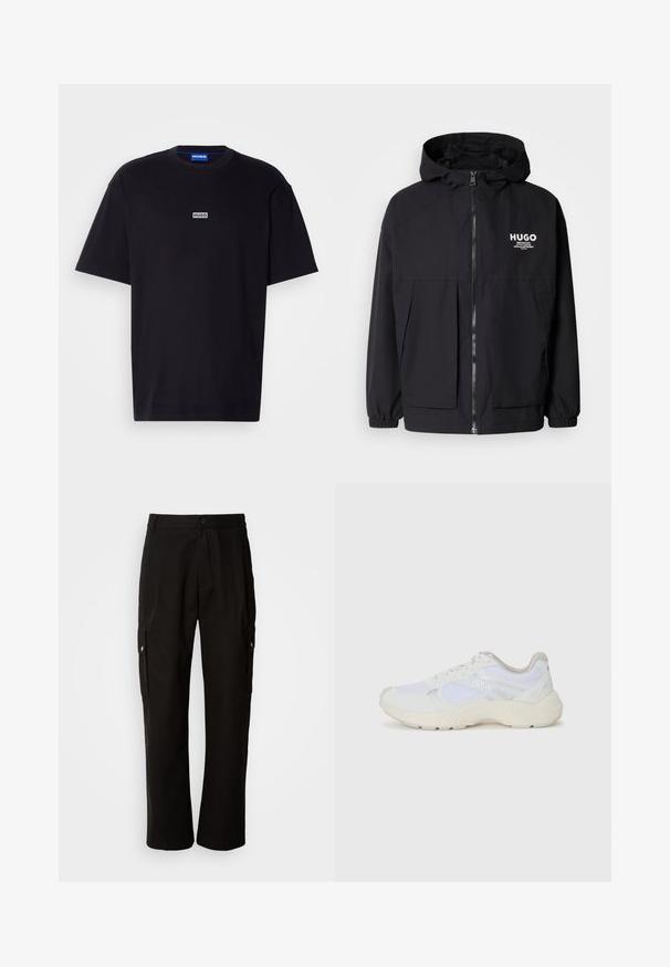 Chaqueta negra con capucha que presenta un cierre frontal completo, puños elásticos y dos bolsillos frontales. Logo impreso en el lado izquierdo del pecho. Textura suave.; Camiseta de algodón negra con mangas cortas, cuello redondo y una etiqueta rectangular blanca con el logo que dice "HUGO" en el pecho. Textura suave.; Pantalones cargo negros de algodón con un corte relajado, que cuentan con bolsillos laterales, cierre de botón y perneras rectas. Diseño simple sin patrones.; Zapatillas deportivas blancas hechas de malla y ante, con una entresuela texturizada, acentos texturizados y el logo "HUGO" en el lateral.