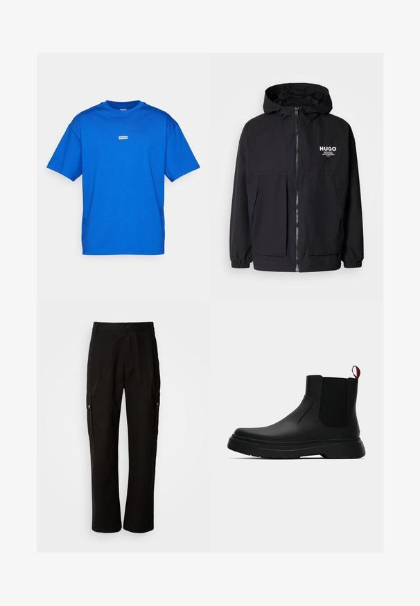 Chaqueta negra con capucha que presenta un cierre frontal completo, puños elásticos y dos bolsillos frontales. Logo impreso en el lado izquierdo del pecho. Textura suave.; Camiseta de algodón azul con cuello redondo y mangas cortas. Tiene una pequeña etiqueta de logo blanca centrada en el frente. Textura suave.; Pantalones cargo negros de algodón con un corte relajado, que cuentan con bolsillos laterales, cierre de botón y perneras rectas. Diseño simple sin patrones.; Botín negro con un acabado liso, paneles laterales elásticos y una lengüeta de tirón roja contrastante, que presenta una suela de goma gruesa y punta redondeada.