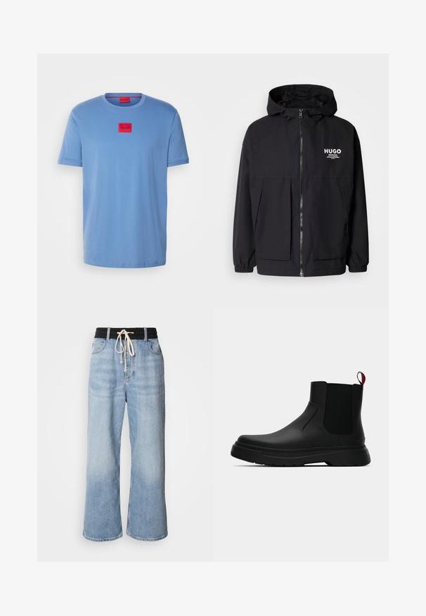Casaco preto com capuz, apresentando um zíper frontal completo, punhos elásticos e dois bolsos frontais. Logótipo impresso no lado esquerdo do peito. Textura suave.; T-shirt de algodão azul claro com decote redondo, mangas curtas e um patch quadrado vermelho com a palavra "HUGO" no peito.; Jeans de perna larga azul claro com um cós elástico preto, apresentando um fecho com cordão e um design clássico de cinco bolsos.; Botim preto até ao tornozelo com um acabamento liso, painéis laterais elásticos e uma pega vermelha em contraste, com uma sola de borracha espessa e bico arredondado.