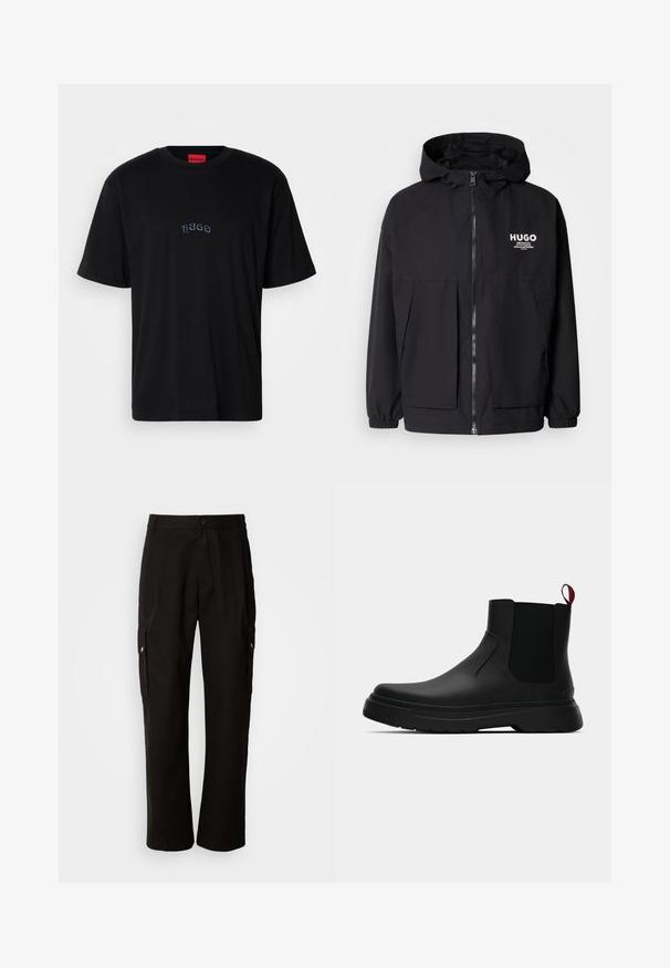 Juodas gobtuvas striukė su pilnu priekiniu užtrauktuku, elastinėmis rankovėmis ir dviem priekinėmis kišenėmis. Spausdintas logo ant kairės krūtinės. Lygus tekstūruotas paviršius.; Juodas trumpomis rankovėmis marškinėliai su "HUGO" siuvinėjimu mažomis, stilizuotomis raidėmis viduryje krūtinės ir raudonu etiketė prie apykaklės.; Juodos krovinių kelnės, pagamintos iš medvilnės, laisvo kirpimo, su šoninėmis kišenėmis, mygtuko uždarymu ir tiesiomis kojomis. Paprastas dizainas, be raštų.; Juodas kulkšninis batas su lygiu paviršiumi, elastiniais šonų intarpais ir kontrastingu raudonu kilimėliu, turintis storą guminį pado ir apvalią nosį.