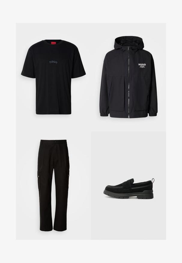 Svart hettegenser med full frontglidelås, elastiske mansjetter og doble frontlommer. Trykt logo på venstre bryst. Glatt tekstur.; Svart kortermet T-skjorte med "HUGO" brodert i små, stiliserte bokstaver på midten av brystet og rød etikett innenfor kragen.; Svart cargobukse laget av bomull med avslappet passform, med sidelommer, knappeåpning og rette ben. Enkelt design uten mønstre.; Sorte semsket slip-on sko med en tykk svart gummibase, med en toppstropp og kontrasterende sømdetaljer.