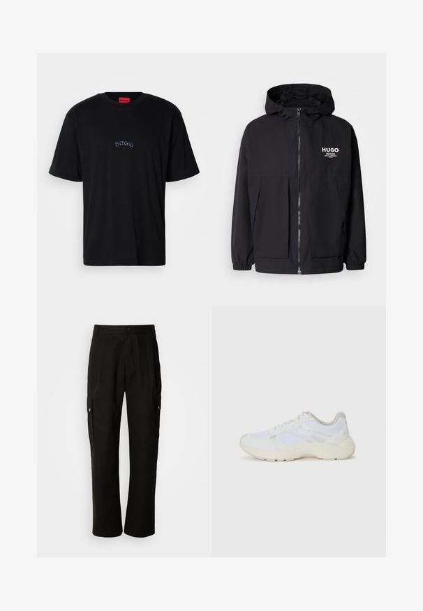 Črna kapuca jakna z full front zadrgo, elastičnimi manšetami in dvema sprednjima žepoma. Natisnjena logo na levi prsni strani. Gladka tekstura.; Črna kratkosleča majica s kratkimi rokavi z izvezenim napisom "HUGO" v majhnih, stiliziranih črkah na sredini prsnega dela in rdečo oznako znotraj ovratnika.; Črne cargo hlače iz bombaža z sproščenim krojem, opremljene s stranskimi žepi, gumbom za zapiranje in ravnimi nogami. Preprost dizajn brez vzorcev.; Bela športna obuvala iz mrežastega in semiš materiala, z teksturiranim podplatom, teksturiranimi dodatki in logotipom "HUGO" na strani.