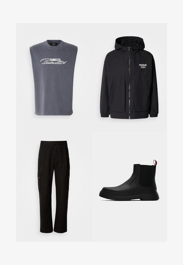 Must tumes jakk, millel on täispikktõmblukk, elastsed mansetid ja kaks esist pocketit. Prinditud logo vasakul rinnal. Sile tekstuur.; Hallikas ilma varrukateta T-särk, mis on valmistatud pehmest kangast. Särk on ümarate kaelustega ning sellel on valge trükitud kujundus, millel on sõnad "CITY SUMMER Paradise".; Mustad mustadeks rõivasteks mõeldud puuvillased püksid, millel on lõdva istuvuse disain, küljetaskud, nööbiga sulgemine ja sirged sääred. Lihtne disain ilma mustriteta.; Mustad musta värvi ankle boot, millel on sile viimistlus, elastsed külgpaneelid ja kontrastne punane tõmbetaba. Saapadel on paks kummist tald ja ümar varvas.