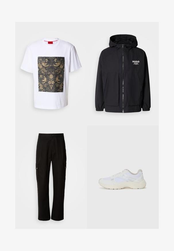 Black hooded jacket featuring a full front zip, elastic cuffs, and dual front pockets. Printed logo on the left chest. Smooth texture.; White cotton t-shirt with a square dark floral pattern featuring gold accents and bird motifs. Label "HUGO" at the top of the design.; Black cargo pants made of cotton with a relaxed fit, featuring side pockets, a button closure, and straight legs. Simple design without patterns.; White athletic shoes made of mesh and suede, featuring a textured midsole, textured accents, and "HUGO" logo on the side.