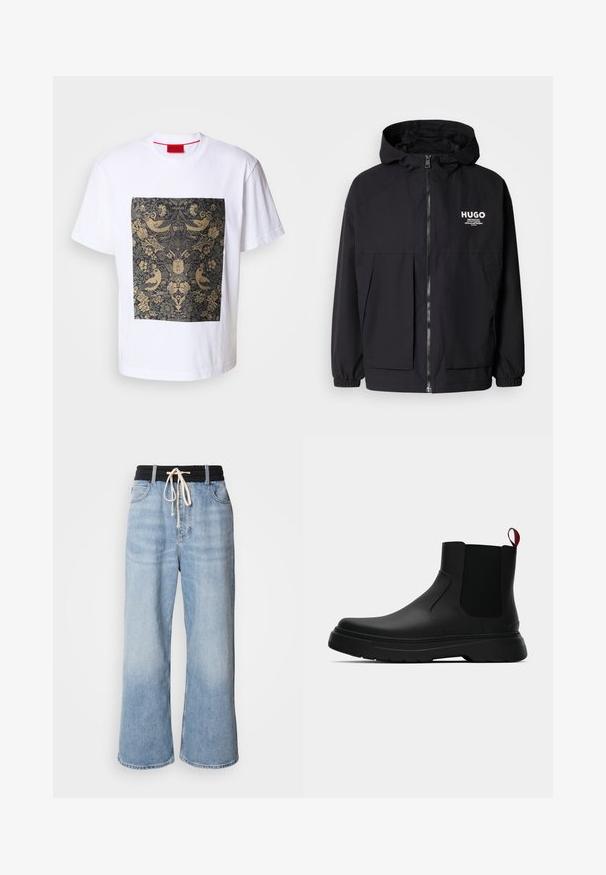 Black hooded jacket featuring a full front zip, elastic cuffs, and dual front pockets. Printed logo on the left chest. Smooth texture.; White cotton t-shirt with a square dark floral pattern featuring gold accents and bird motifs. Label "HUGO" at the top of the design.; Light blue wide-leg jeans with a black elastic waistband, featuring a drawstring closure and classic five-pocket design.; Black ankle boot with a smooth finish, elastic side panels, and a contrasting red pull tab, featuring a thick rubber sole and rounded toe.