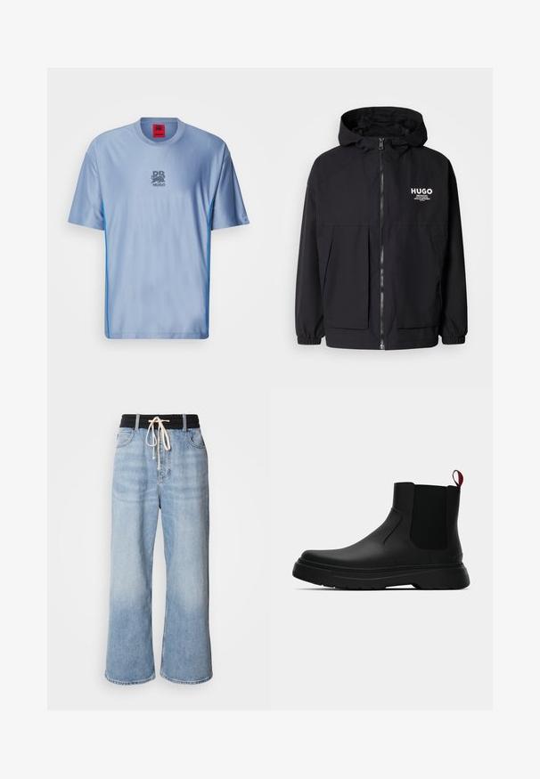 Casaco preto com capuz, apresentando um zíper frontal completo, punhos elásticos e dois bolsos frontais. Logótipo impresso no lado esquerdo do peito. Textura suave.; T-shirt desportivo azul claro com um padrão texturizado, decote redondo, detalhes laterais em azul contraste e um logotipo cinza no peito.; Jeans de perna larga azul claro com um cós elástico preto, apresentando um fecho com cordão e um design clássico de cinco bolsos.; Botim preto até ao tornozelo com um acabamento liso, painéis laterais elásticos e uma pega vermelha em contraste, com uma sola de borracha espessa e bico arredondado.