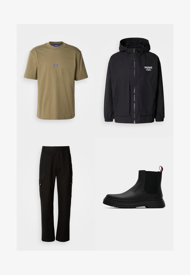 Melnā kapuce jaka ar pilnu priekšējo rāvējslēdzēju, elastīgām piedurknēm un divām priekšējām kabatām. Izdrukāts logo kreisajā krūtī. Gluda tekstūra.; Olīvu zaļš kokvilnas t-krekls, apaļa apkakle, īsas piedurknes, priekšpusē rāda zilu taisnstūra logotipu ar uzrakstu "HUGO", gluda tekstūra.; Melnas kokvilnas kravas bikses ar brīvu piegriezumu, ar sānu kabatām, pogu aizdari un taisnām kājām. Vienkāršs dizains bez rakstiem.; Melnas potītes ar gludu apdari, elastīgiem sānu paneļiem un kontrastējošu sarkano cilpu, aprīkotas ar biezu gumijas zoli un noapaļotu purngalu.
