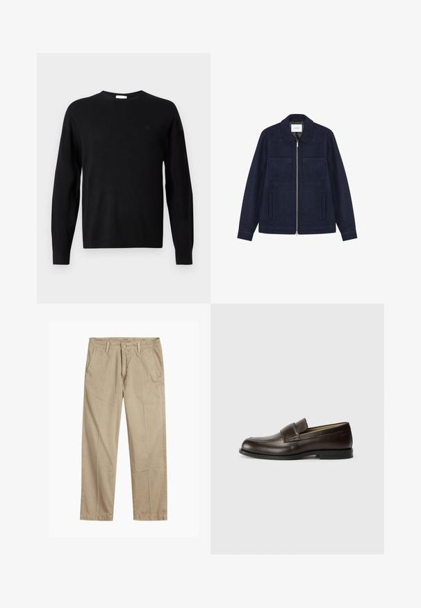 Granatowa wełniana kurtka na zamek z dwoma kieszeniami na klatce piersiowej, dwiema kieszeniami bocznymi oraz klasycznym kołnierzem.; Czarny sweter z długim rękawem i okrągłym dekoltem, z subtelnym logo "cK" na lewej piersi, z prążkowanymi mankietami i hemem, wyeksponowany na białym tle.; Beżowe chinosy o prostym kroju z pętlami na pasek, przednim zapięciem na guzik i zamek błyskawiczny oraz skośnymi kieszeniami z przodu.; Calvin Klein - Półbuty wsuwane