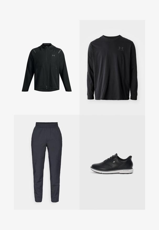 Juodas lengvas džemperis su kapišonu, užtrauktuku priekyje, dviem šoninėmis kišenėmis ir atspindinčiais akcentais ant pečių. Minkšta, lygi tekstūra.; Juoda ilgomis rankovėmis marškinėliai, pagaminti iš medvilnės, su apvaliu kaklu ir mažu monochrominiu logotipu kairėje krūtinės pusėje. Minkšta tekstūra, standartinė forma.; Jūros mėlynos tapered tipo kelnės, pagamintos iš minkštos medžiagos, su elastingu juosmeniu, šoninėmis kišenėmis ir lygia tekstūra su subtiliais siuvinėjimo akcentais.; Juodas odinis batų modelis Skechers su raišteliais, balta pado dalimi, šoniniu logotipu ir tekstūruotu gripu padu prieš paprastą šviesią fono.