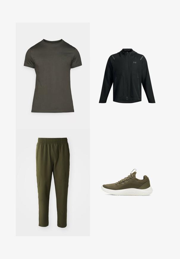 Juodas lengvas džemperis su kapišonu, užtrauktuku priekyje, dviem šoninėmis kišenėmis ir atspindinčiais akcentais ant pečių. Minkšta, lygi tekstūra.; Tamsiai alyvuogių žalia marškinėliai, trumpomis rankovėmis, apvali iškirptė, pagaminti iš švelnios medvilnės su subtiliu logotipu ant priekinės pusės. Glotni tekstūra, kasdieniškas kirpimas.; Alyvuogių spalvos kelnės, pagamintos iš glotnaus, lengvo audinio. Yra elastinga juosmens juosta ir siaurėjantys kojų kraštai su siuvinėtais akcentais.; Under Armour DYNAMIC 2 - Avalynė treniruotėms - expedition green