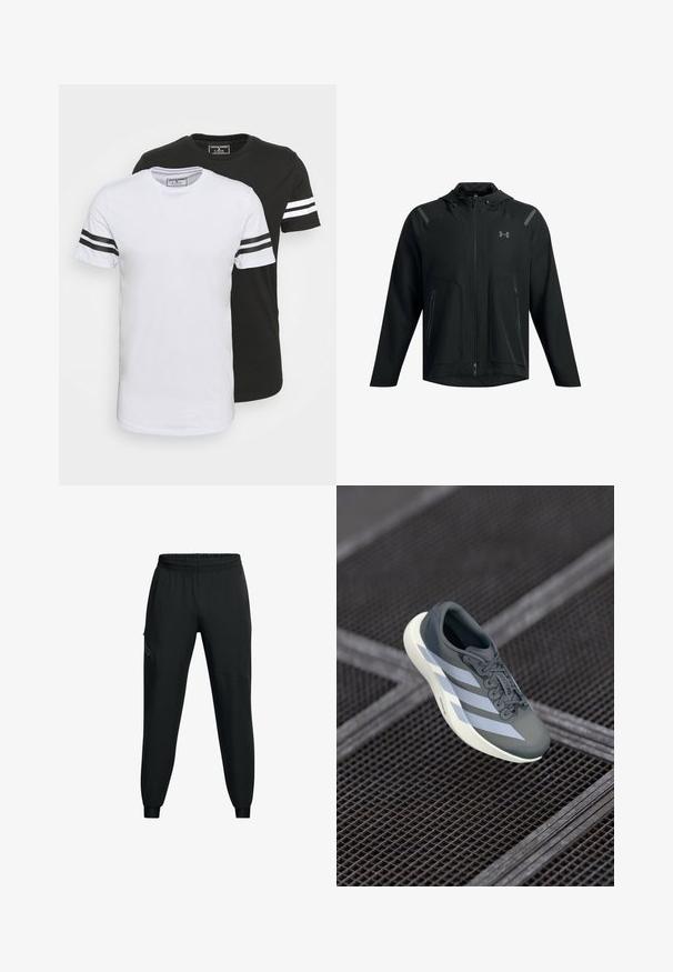 Black lightweight jacket with a hood, zippered front, two side pockets, and reflective accents on shoulders. Soft, smooth texture.; Two crew-neck T-shirts, one white with black stripes on sleeves, one black with white stripes, made from soft cotton fabric.; Black athletic pants with an elastic waistband, tapered leg design, side pockets, and contrasting panel details. Lightweight, smooth fabric.; Sport shoe in gray and white, made of synthetic material, with a streamlined design, textured finish, and prominent lacing system.