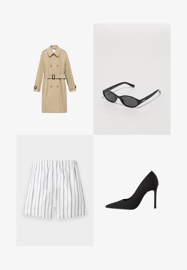 Beige Trenchcoat mit doppelt gelegtem Design, Schulterklappen, tailliertem Gürtel und Knopf-Akzenten an den Manschetten.; Weißes Tanktop, gerippte Textur, runder Ausschnitt, ärmelloses Design, enganliegende Form, dezente Markenkennzeichnung im Etikett im Kragenbereich.; Weiße Shorts mit dünnen vertikalen grauen Streifen, einem elastischen Bund und einer bequemen Passform. Hergestellt aus leichtem Stoff für Atmungsaktivität.; Schwarzer High-Heel-Pumps mit spitzer Zehenpartie, eleganter Satinoberfläche und Stiletto-Absatz. Mit einem subtilen Ausschnitt an der Seite gestaltet.; Schwarze Sonnenbrille mit runden Gläsern, glänzender Kunststofffassung und goldfarbenem "QUAY"-Logo an der Seite. Mit dunkel getönten Gläsern.; Schwarze Lederhandtasche mit gerafftem Oberteil, zwei Schulterriemen, goldfarbener Hardware und einem zentralen runden Akzent. Glatte Textur, kompakte Form.