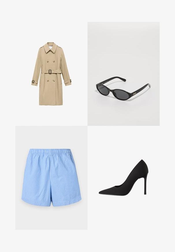 Beige Trenchcoat mit doppelt gelegtem Design, Schulterklappen, tailliertem Gürtel und Knopf-Akzenten an den Manschetten.; Weißes Tanktop, gerippte Textur, runder Ausschnitt, ärmelloses Design, enganliegende Form, dezente Markenkennzeichnung im Etikett im Kragenbereich.; Himmelblaue Shorts mit weißen vertikalen Streifen, elastischem Bund, mittellanger Saumlänge und einer glatten Baumwollstruktur.; Schwarzer High-Heel-Pumps mit spitzer Zehenpartie, eleganter Satinoberfläche und Stiletto-Absatz. Mit einem subtilen Ausschnitt an der Seite gestaltet.; Schwarze Sonnenbrille mit runden Gläsern, glänzender Kunststofffassung und goldfarbenem "QUAY"-Logo an der Seite. Mit dunkel getönten Gläsern.; Schwarze Lederhandtasche mit gerafftem Oberteil, zwei Schulterriemen, goldfarbener Hardware und einem zentralen runden Akzent. Glatte Textur, kompakte Form.