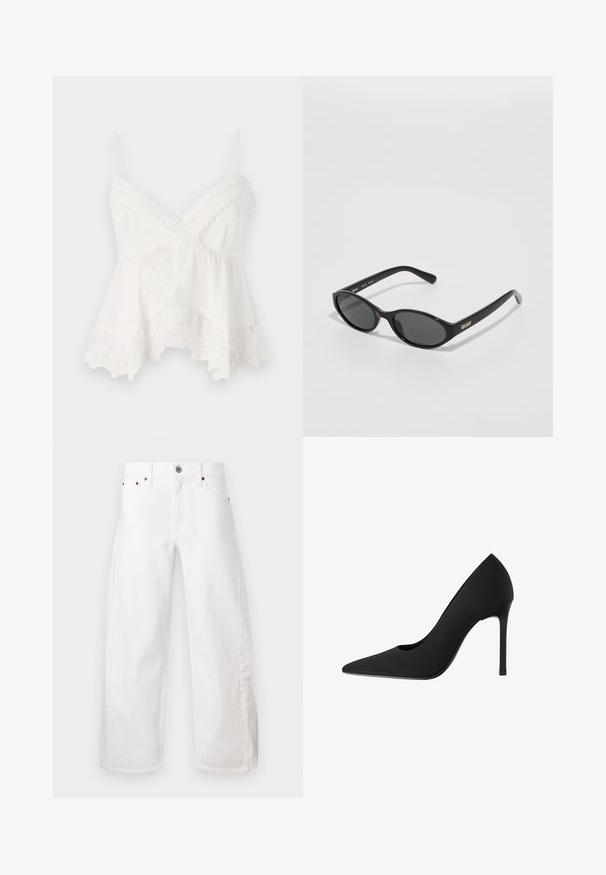 Bež plašč z dvojno zadrgo, ramenskimi epauleti, pasom z obročem in gumbi na zapestjih.; Bela brezrokavnika s tankimi naramnicami, obrobljena z čipko in cvetličnim vezenjem na robu. Mehka, lahka tkanina z večplastnim dizajnom.; Bele široke kavbojke iz bombažnega denima. Imajo zapiranje na gumb in zadrgo, sprednje žepke ter subtilno šivanje ob šivih.; Črne visoke pete s ostrim nosom, elegantnim satenskim finišem in stiletto peto. Oblikovane z diskretnim izrezom na strani.; Črne sončne očala z zaobljenimi lečami, sijajnim plastičnim okvirjem in zlatim logotipom "QUAY" na strani. Imajo temne zatemnjene leče.; Črna usnjena torbica z nabranim vrhom, dvema naramnima trakom, zlatom tonirano kovinsko opremo in osrednjim krožnim okrasom. Gladka tekstura, kompaktné obliko.