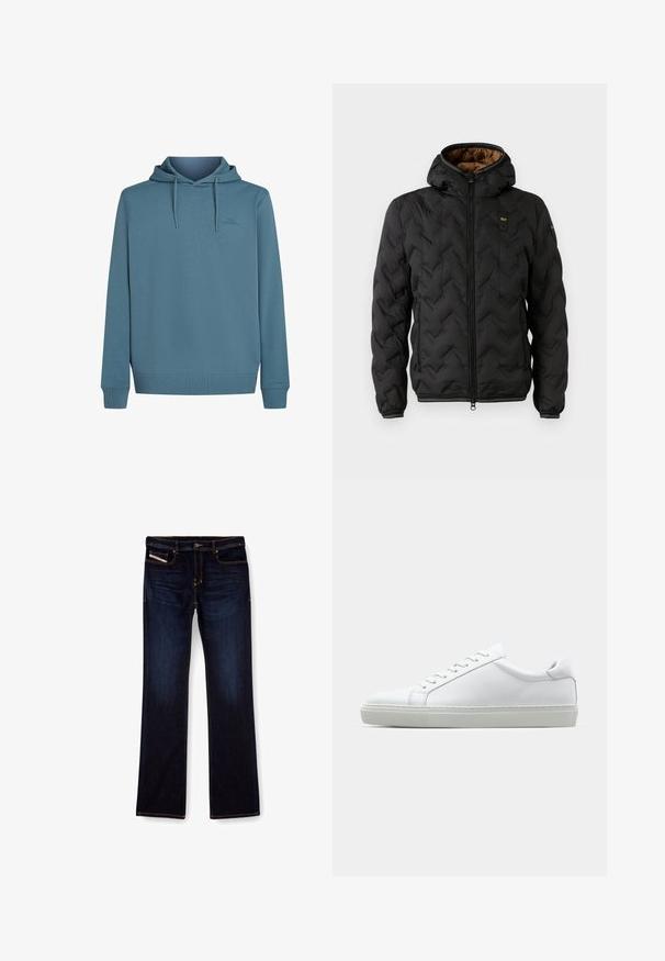 Svart puffjacka med huva, med ett kviltat chevronmönster, dragkedja fram och elastiska ärmslut. Brun inredning och logodetalj.; Huvtröja i mjuk, texturerad blått tyg. Har dragsnören, en ficka framtill och en liten logotyp på bröstet.; Mörkblå denimjeans med rak benmodell, med orange sömmar, dragkedja och framfickor. Slät textur och standard midja.; Vit sneaker med en slät läderövre och låg profil. Har en rundad tå, sex snörhål och en strukturerad gummisula.