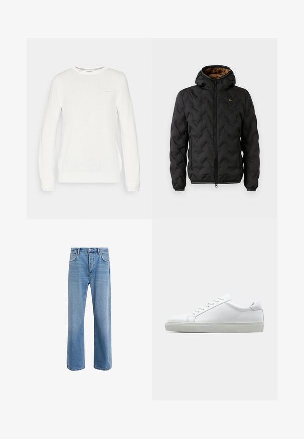 Zwarte pufferjack met een capuchon, voorzien van een gewatteerd chevronpatroon, ritssluiting aan de voorkant en elastische manchetten. Bruine binnenvoering en logo-detail.; Witte trui met lange mouwen en een ronde halslijn. Gebreide textuur en subtiele branding op de borst. Ribgebreide zoom en manchetten voor een aansluitende look.; Lichtblauwe denim jeans met een straight-leg ontwerp, vijf zakken, knoopsluiting, minimale vervaging en contrasterende stikseldetails.; Witte sneaker met een gladlederen bovenwerk en een laag profiel. Voorzien van een ronde neus, zes vetergaatjes en een gestructureerde rubberen zool.