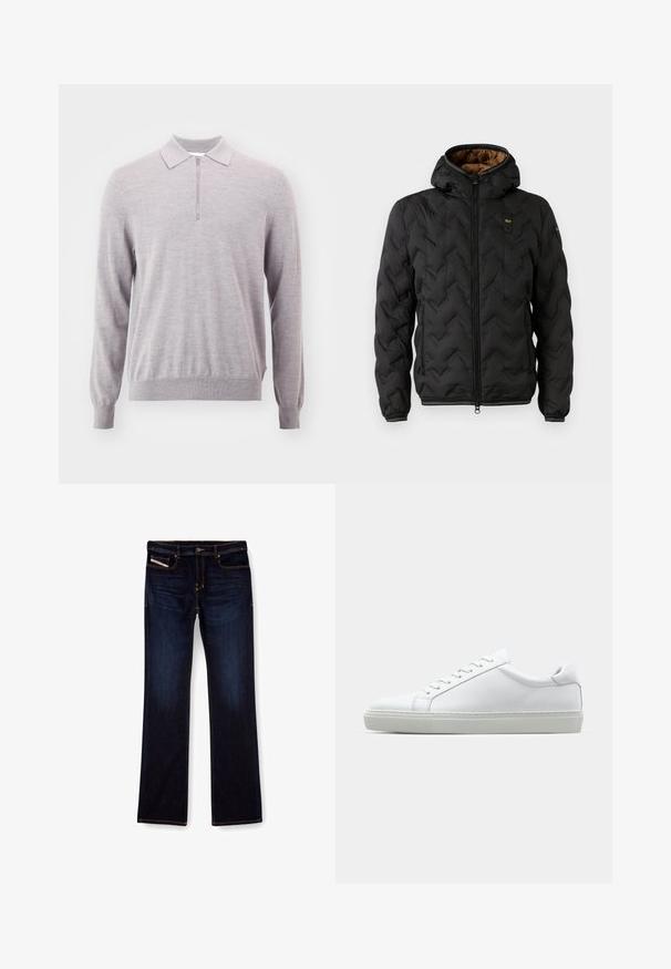 Mustapuffatakki hupparilla, jossa on tikattu vinoraitakuosi, vetoketjuluukku ja elastiset hihansuut. Ruskea sisävuori ja logotiedot.; Vaaleanharmaa neulottu pitkähihainen pusero, jossa on vetoketjukaulus, joustavat hihansuut ja helma. Pehmeä pinta, rento malli ja minimalistikko muotoilu.; Tummansinisiä farkkuja, joissa on suora lahje, oransseilla ompeleilla, vetoketjulla ja etutaskuilla. Sujuva pinta ja normaali vyötärö.; Valkoinen tennari, jossa on sileä nahkapäällinen ja matala profiili. Ominaisuuksiin kuuluu pyöreä kärki, kuusi rei'itystä ja teksturoitu kumipohja.