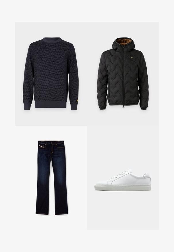 Schwarze Pufferjacke mit Kapuze, ausgestattet mit einem gesteppten Chevron-Muster, Reißverschlussfront und elastischen Bündchen. Braunes Innenfutter und Logodetail.; Navyblauer Strickpullover mit einem Rautenmuster, rundem Ausschnitt, gerippten Bündchen und Saum sowie einem kleinen gelben Logo am linken Ärmel.; Dunkelblaue Jeans aus Denim mit geradem Bein, ausgestattet mit orangefarbenen Nähten, einem Reißverschluss und Vordertaschen. Glatte Textur und Standardbund.; Weißer Sneaker mit glattem Lederobermaterial und niedrigem Profil. Verfügt über eine runde Zehenpartie, sechs Ösen und eine strukturierte Gummisohle.