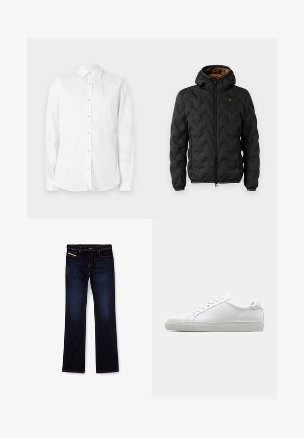 Melna pūkaina jaka ar kapuci, ar izšūtu chevron rakstu, rāvējslēdzēja priekšpusi un elastīgām piedurknēm. Brūns iekšējais oderējums un logo detaļa.; Balta, garām piedurknēm, pogām aizdares krekls, izgatavots no kokvilnas. Aprīkots ar smailu apkakli un nelielu izšūtu logotipu uz krūtīm. Gluda tekstūra.; Tumši zili džinsi ar taisnu kāju griezumu, ar oranžiem diegiem, ar rāvējslēdzēja aizdari un priekšējām kabatām. Gluda auduma tekstūra un standarta jostasvieta.; Baltie sporta apavi ar gludu ādas virsu un zemu profilu. Iezīmējas ar noapaļotu purngalu, sešām acīm un teksturētu gumijas zoli.