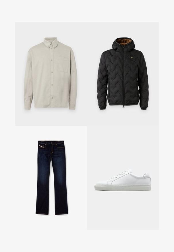 Giacca a vento nera con cappuccio, caratterizzata da un motivo a zigzag trapuntato, chiusura frontale con zip e polsini elasticizzati. Rivestimento interno marrone e dettaglio del logo.; Camicia button-up grigia chiara a maniche lunghe realizzata in tessuto morbido. Presenta un colletto button-down, una tasca frontale e una vestibilità casual.; Jeans in denim blu scuro con taglio dritto, caratterizzati da cuciture arancioni, chiusura con zip e tasche frontali. Texture liscia e vita standard.; Sneaker bianco con tomaia in pelle liscia e profilo basso. Presenta una punta arrotondata, sei occhielli e una suola in gomma testurizzata.