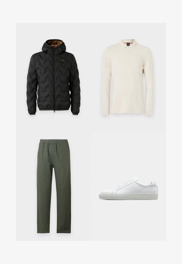 Doudoune noire avec capuche, présentant un motif en chevrons matelassé, fermeture éclair à l'avant et poignets élastiques. Doublure intérieure marron et détail de logo.; Polo à manches longues en beige clair, fabriqué en tissu lisse, doté d'un col polo, d'une patte de boutonnage à deux boutons et d'un petit logo brodé sur la poitrine.; Pantalon léger en lin vert foncé avec ceinture élastique et jambes droites. Dispose d'une patte de boutonnage à l'avant sans poches visibles.; Sneaker blanche avec une tige en cuir lisse et un profil bas. Présente un bout arrondi, six œillets et une semelle en caoutchouc texturé.