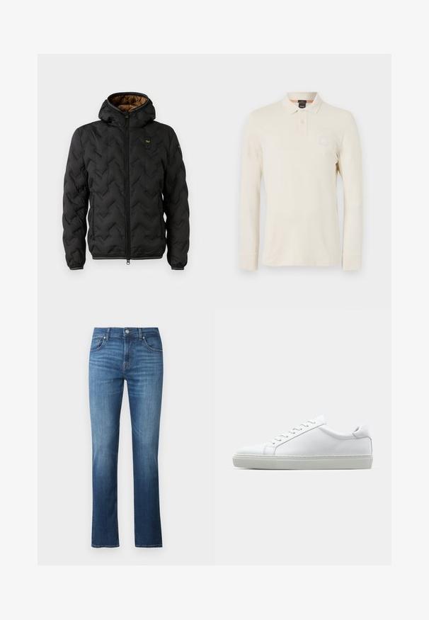 Doudoune noire avec capuche, présentant un motif en chevrons matelassé, fermeture éclair à l'avant et poignets élastiques. Doublure intérieure marron et détail de logo.; Polo à manches longues en beige clair, fabriqué en tissu lisse, doté d'un col polo, d'une patte de boutonnage à deux boutons et d'un petit logo brodé sur la poitrine.; Jean en denim bleu avec une coupe droite, présentant une taille mi-haute, cinq poches et une texture lisse. Décoloration subtile et coutures contrastées.; Sneaker blanche avec une tige en cuir lisse et un profil bas. Présente un bout arrondi, six œillets et une semelle en caoutchouc texturé.