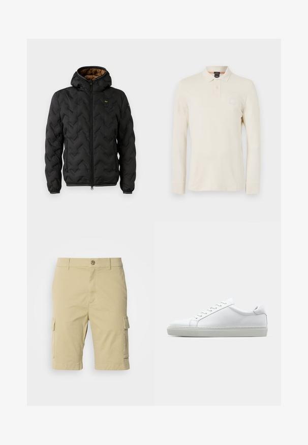 Juodas pūkinis švarkas su kapišonu, pasižymintis iškuldyta chevron raštu, užtrauktuku priekyje ir elastingomis rankovėmis. Ruda vidinė pamušalo spalva ir logotipo detalė.; Šviesiai smėlinė ilgų rankovių polo marškinėliai, pagaminti iš glotnaus audinio, su polo apykakle, dviejų mygtukų užsegimu ir maža logotipo etikete ant krūtinės.; Rudų spalvos medvilniniai šortai su kišenėmis šonuose ir mygtukų užsegimu juosmens srityje.; Baltas sportinis batelis su lygiu odiniu paviršiumi ir žemu profiliu. Turi suapvalintą pirštą, šešis akių skyrius ir tekstūruotą gumos padą.