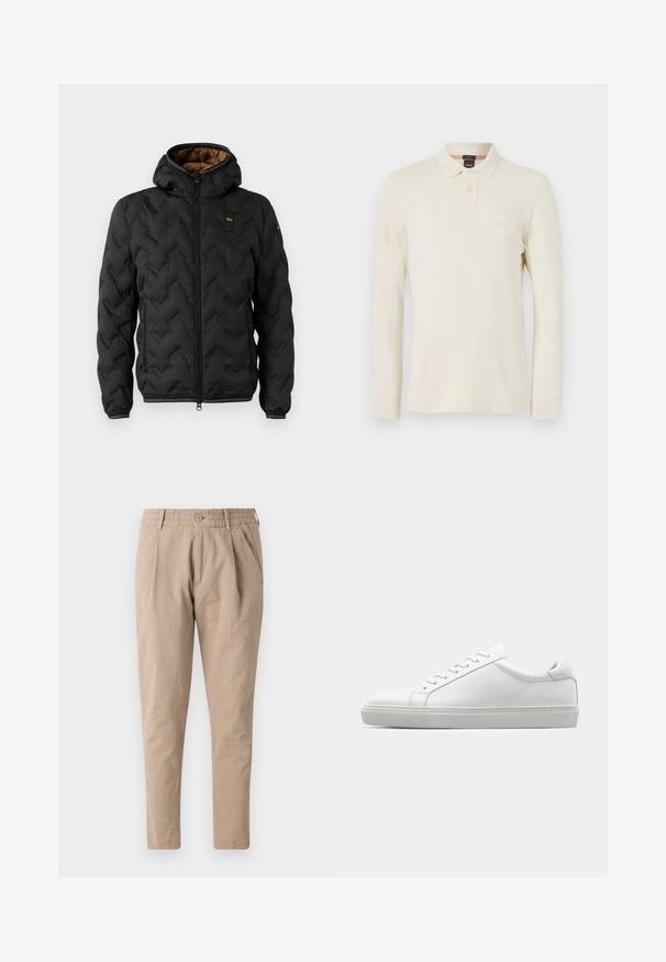 Czarna kurtka puchowa z kapturem, z pikowanym wzorem w zygzak, z zamkiem z przodu i elastycznymi mankietami. Brązowa podszewka i detal z logo.; Koszulka polo z długim rękawem w jasnym beżowym kolorze, wykonana z gładkiego materiału, z kołnierzykiem polo, zapięciem na dwa guziki oraz małą naszywką z logo na piersi.; Beżowe bawełniane spodnie o luźnym kroju, z elastycznym pasem, zapięciem na guzik i bocznymi kieszeniami. Gładka faktura, zwężany krój nogawek.; Białe sneakersy z gładką skórzaną cholewką i niskim profilem. Posiadają okrągły nos, sześć dziurek na sznurówki oraz teksturowaną gumową podeszwę.