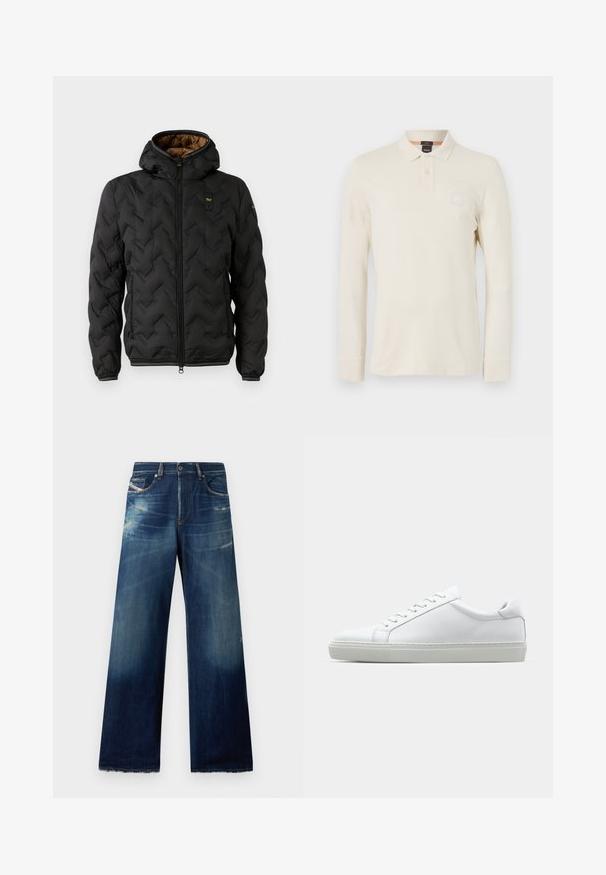 Crna puffer jakna s kapuljačom, s odmaračkim quilted chevron uzorkom, zatvaranjem na rajsferšlus i elastičnim manžetama. Smeđa unutrašnjost i detalj s logotipom.; Polo majica s dugim rukavima u svijetloj bež boji, izrađena od glatkog materijala, s polo ovratnikom, plaketom s dva gumba i malim logom na prsima.; Široke traperice u tamnoplavoj boji s izblijelim područjima, istrošenim detaljima i poderanim rubovima. Imaju četiri džepa i zatvaranje na dugme.; Bijela tenisica s glatkim kožnim gornjim dijelom i niskim profilom. Ima zaobljen vrh, šest rupica za vezanje i teksturiranu gumenu podlogu.