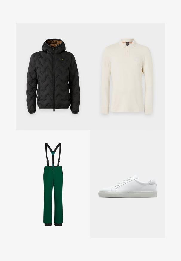 Zwarte pufferjack met een capuchon, voorzien van een gewatteerd chevronpatroon, ritssluiting aan de voorkant en elastische manchetten. Bruine binnenvoering en logo-detail.; Langarm polo shirt in lichtbeige, gemaakt van gladde stof, met een polokraag, een knoopsluiting met twee knopen en een klein logopatch op de borst.; Groene sneeuwbroeken met zwarte verstelbare bretels, ritszakken, een rechte pasvorm en versterkte zoom voor duurzaamheid. Soepele textuur.; Witte sneaker met een gladlederen bovenwerk en een laag profiel. Voorzien van een ronde neus, zes vetergaatjes en een gestructureerde rubberen zool.