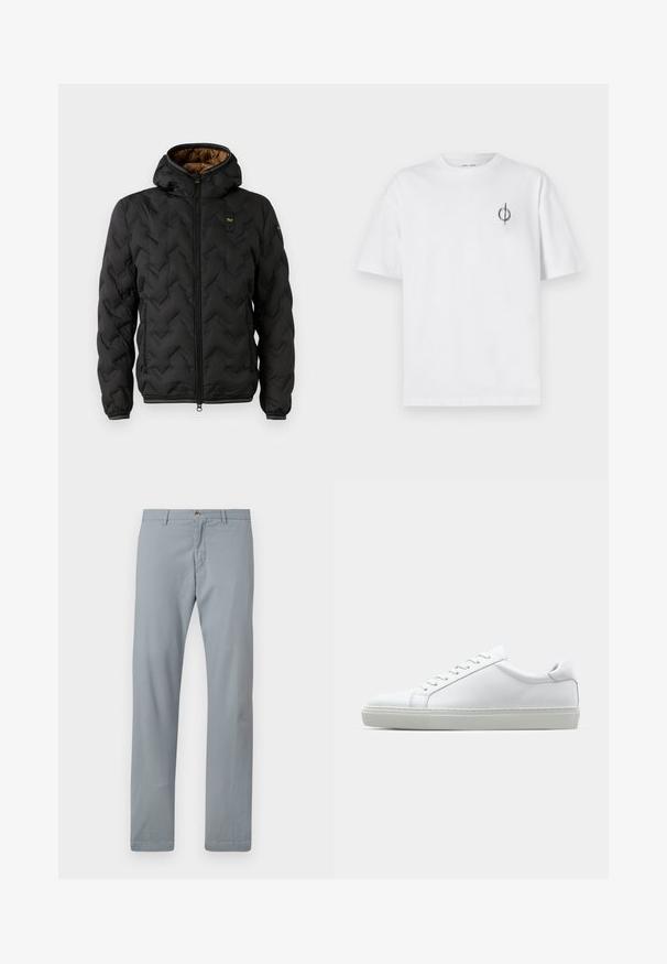 Zwarte pufferjack met een capuchon, voorzien van een gewatteerd chevronpatroon, ritssluiting aan de voorkant en elastische manchetten. Bruine binnenvoering en logo-detail.; Witte katoenen t-shirt met een ontspannen pasvorm, voorzien van een klein zwart graphic logo op de linkerkant van de borst. Korte mouwen, ronde hals.; Lichtgrijze broek van katoenmix stof. Heeft een rechte pijpzuil, een sluiting met voorste knoop en een gladde textuur.; Witte sneaker met een gladlederen bovenwerk en een laag profiel. Voorzien van een ronde neus, zes vetergaatjes en een gestructureerde rubberen zool.