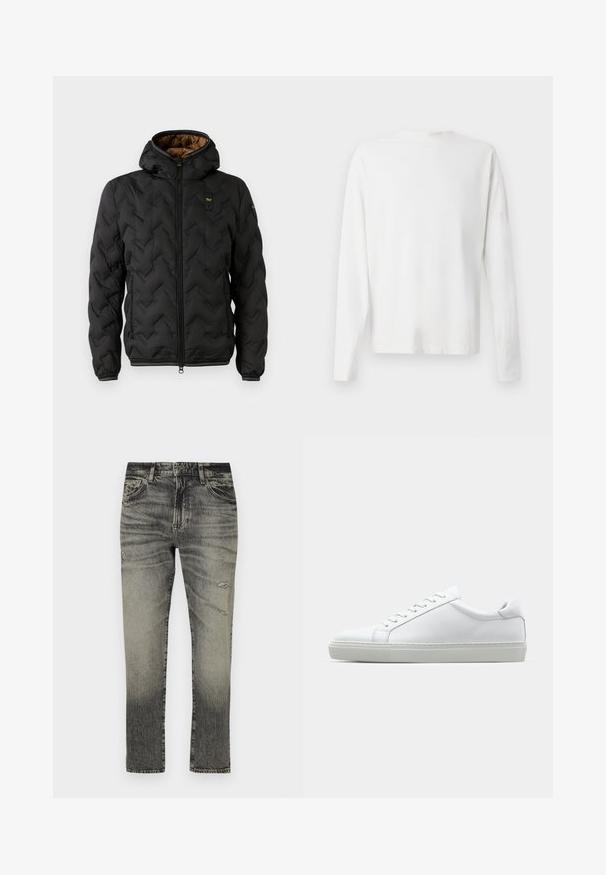 Chaqueta acolchada negra con capucha, que presenta un patrón de flechas acolchado, cierre con cremallera en el frente y puños elásticos. Forro interior marrón y detalle del logo.; Camisa de algodón blanca de manga larga con cuello redondo, aberturas laterales en la parte inferior y una textura suave, exhibida desde la parte de atrás.; Vaqueros de mezclilla negros y grises con un acabado desgastado, con pierna recta, dos bolsillos frontales, cierre de botón y detalles desgastados.; Zapatilla blanca con parte superior de cuero liso y perfil bajo. Presenta una puntera redondeada, seis ojales y una suela de goma texturizada.
