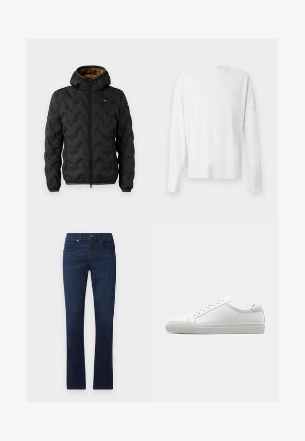 Black puffer jacket with a hood, featuring a quilted chevron pattern, zip front, and elastic cuffs. Brown interior lining and logo detail.; Long-sleeved white cotton shirt with a round neckline, side slits at the bottom, and a smooth texture, displayed from the back.; Dark blue denim jeans with a straight leg design, featuring a front button and zipper closure, and classic five-pocket styling.; White sneaker with a smooth leather upper and a low profile. Features a rounded toe, six eyelets, and a textured rubber sole.