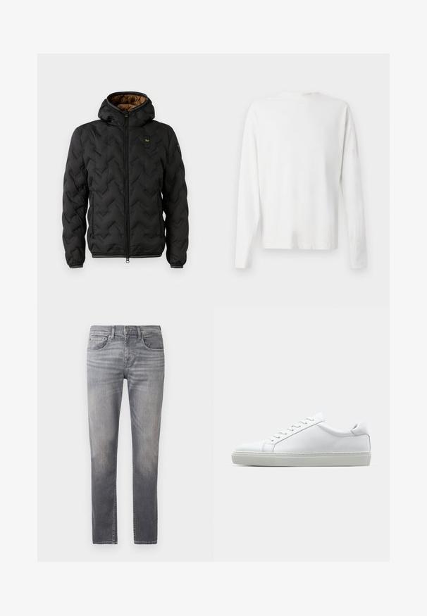 Doudoune noire avec capuche, présentant un motif en chevrons matelassé, fermeture éclair à l'avant et poignets élastiques. Doublure intérieure marron et détail de logo.; Chemise en coton blanc à manches longues avec un col rond, fentes latérales en bas et une texture lisse, présentée de dos.; Jeans en denim gris avec une coupe droite, présentant un design délavé, cinq poches et une taille standard avec fermeture à bouton.; Sneaker blanche avec une tige en cuir lisse et un profil bas. Présente un bout arrondi, six œillets et une semelle en caoutchouc texturé.