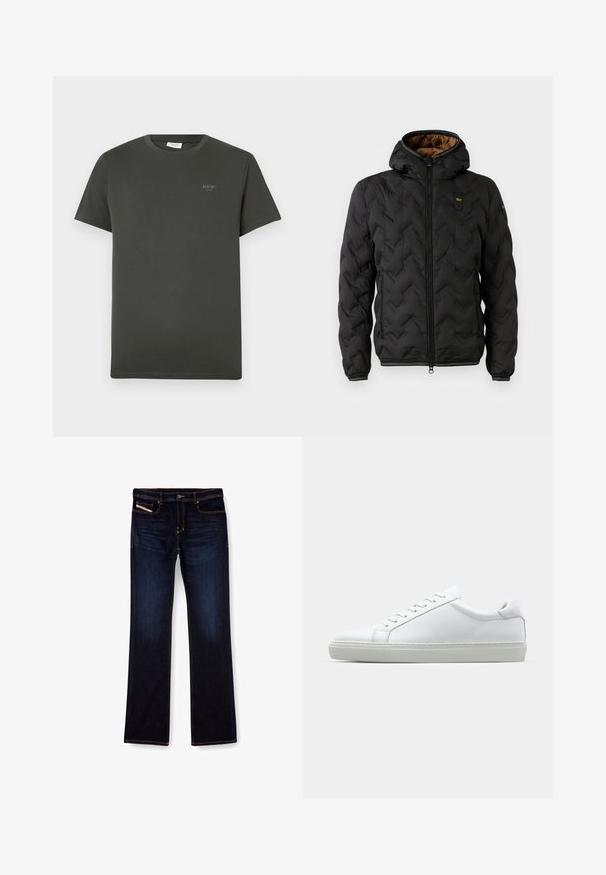 Čierna zateplená bunda s kapucňou, s prešívaným vzorom v tvare šípu, so zipsom vpredu a elastickými manžetami. Hnedá podšívka a detail loga.; Tmavozelené bavlnené tričko s krátkymi rukávmi, okrúhlym výstrihom a malým logom "JOOP!" v svetlozelené farbe na oblasti hrudníka.; Tmavomodré denimové džínsy so strihom rovné nohavice, s oranžovým prešívaním, s pružným zipsovým uzáverom a prednými vreckami. Hladká textúra a štandardný pás.; Biele tenisky s hladkým koženým zvrškom a nízkym profilom. Majú zaoblenú špičku, šesť očiek a štruktúrovanú gumovú podrážku.