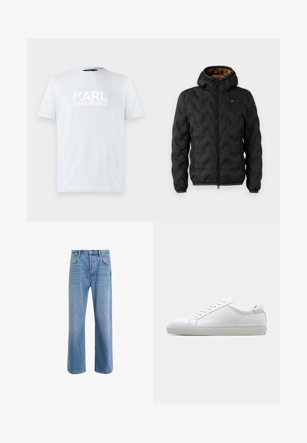 Črna puffer jakna s kapuco, z likano chevron vzorcem, zadrgo spredaj in elastičnimi manšetami. Rjava notranja podloga in podrobnost logotipa.; Svetlo modra bombažna majica s kratkimi rokavi in okroglo ovratnikom, na sprednji strani s velikim belim napisom "KARL LAGERFELD". Gladka tekstura.; Svetlo modre denim kavbojke s ravno nogavico, petimi žepi, z gumbom za zapiranje, minimalnim zbledelostjo in kontrastnimi šivi.; Bela športna obutev z gladkim usnjenim zgornjim delom in nizkim profilom. Ima zaokrožen nos, šest lukenj za vezalke in teksturiran gumijast podplat.
