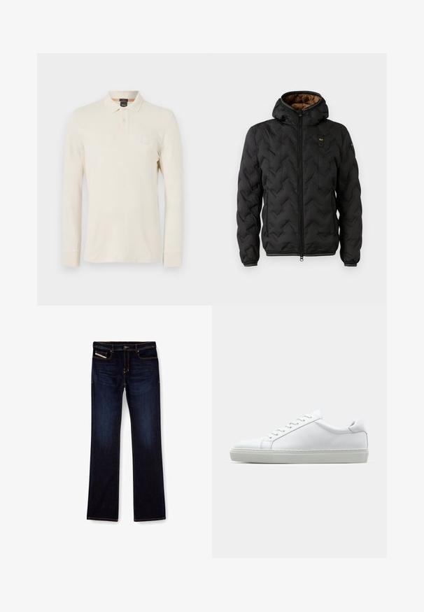 Mustard puffer-jakk, millel on kapuuts, four-jahutustükkidega chevron muster, tõmblukk ja elastsed mansetid. Pruna sisepind ja logo detail.; Pikae varrukatega polo-särk heledas beežis, valminud siledast kangast, millel on polo krae, kahe nupuga lukk ja väike logo plekk rinnal.; Tumed sinine denimist teksapüksid sirge lõikega, millel on oranž õmblus, lukuga ees ja eesmine tasku. Sile tekstuur ja tavaline vöökoht.; Valge tennisetoss, millel on sile nahk pealis ja madal profiil. Omab ümarat ninaosa, kuut silmust ja tekstuuriga kummist talda.