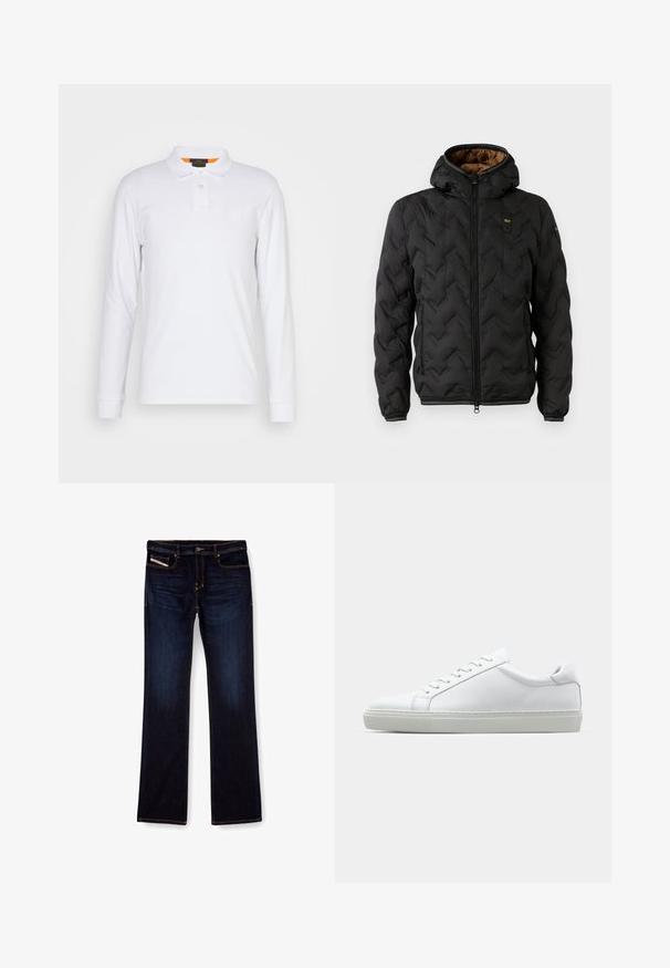 Juodas pūkinis švarkas su kapišonu, pasižymintis iškuldyta chevron raštu, užtrauktuku priekyje ir elastingomis rankovėmis. Ruda vidinė pamušalo spalva ir logotipo detalė.; Balta ilga rankovė polo marškinėliai, pagaminti iš medvilnės, su smailiu apykakle, dviejų mygtukų užsegimu ir mažu logotipu ant krūtinės. Oranžinė akcentinė spalva apykaklės viduje.; Tamsiai mėlynos džinsinės kelnes su tiesiu kirpimu, su oranžiniu siuvu, užtrauktuku ir priekinėmis kišenėmis. Lygi tekstūra ir standartinė juosmens dalis.; Baltas sportinis batelis su lygiu odiniu paviršiumi ir žemu profiliu. Turi suapvalintą pirštą, šešis akių skyrius ir tekstūruotą gumos padą.